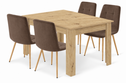 Étkezőasztal szett: NP 120×80 cm artisan tölgy + 4 db KARA étkezőszék, barna/natúr
