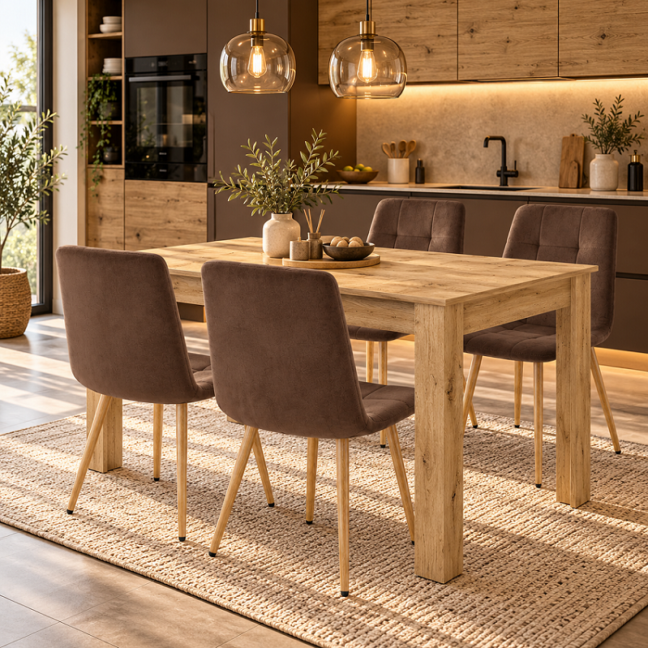 Étkezőasztal szett: NP 120×80 cm artisan tölgy + 4 db KARA étkezőszék, barna/natúr