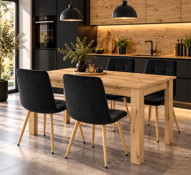 Étkezőasztal szett: NP 120×80 cm artisan tölgy + 4 db KARA étkezőszék, fekete/natúr