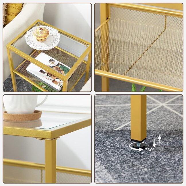 Aranyszínű fém telefonasztal üveg asztallappal