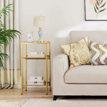 Aranyszínű fém telefonasztal üveg asztallappal