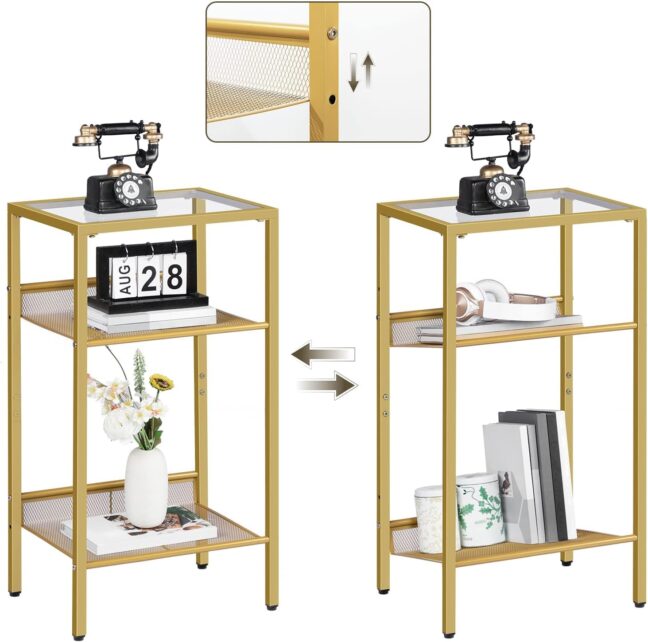 Aranyszínű fém telefonasztal üveg asztallappal