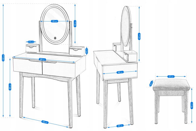Fésülködő asztal székkel és LED tükörrel – fehér