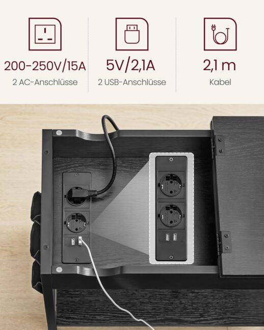 Oldal asztal – elektromos hálózati és USB csatlakozással – fekete