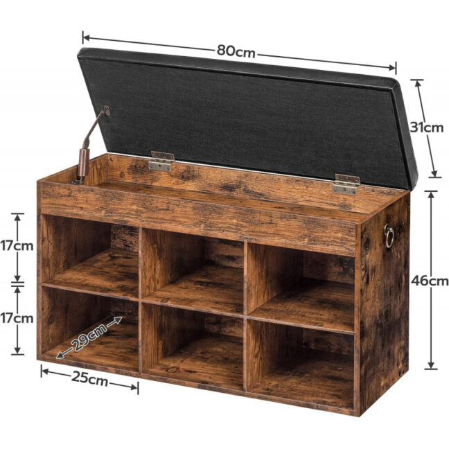 Cipőtároló pad párnázott (felnyitható) üléssel- rusztikus barna