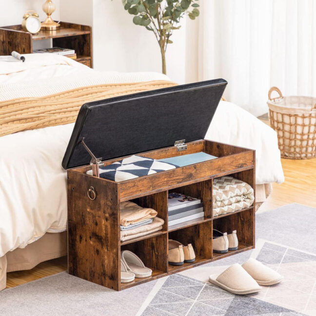 Cipőtároló pad párnázott (felnyitható) üléssel- rusztikus barna